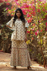 Beige Cambric Floral Print Tunic Sharara Set With Mask